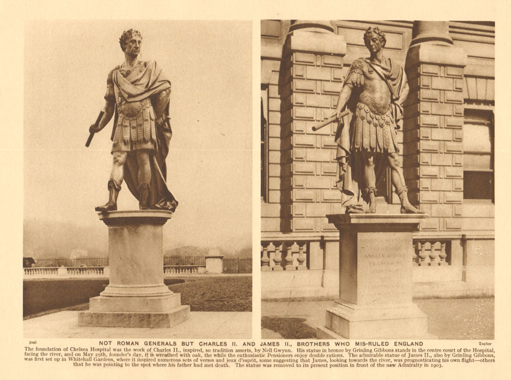 King Charles II & James III statues. Chelsea Hospital & Admiralty 1926 print